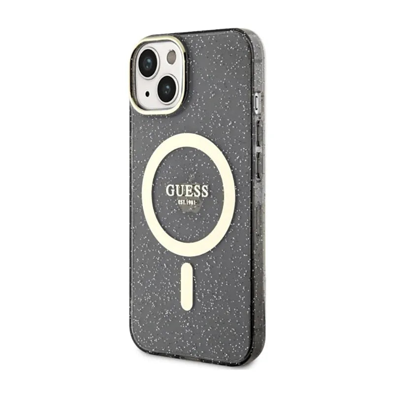 Guess Glitter Gold MagSafe – dėklas iPhone 14 Plus (juodas)