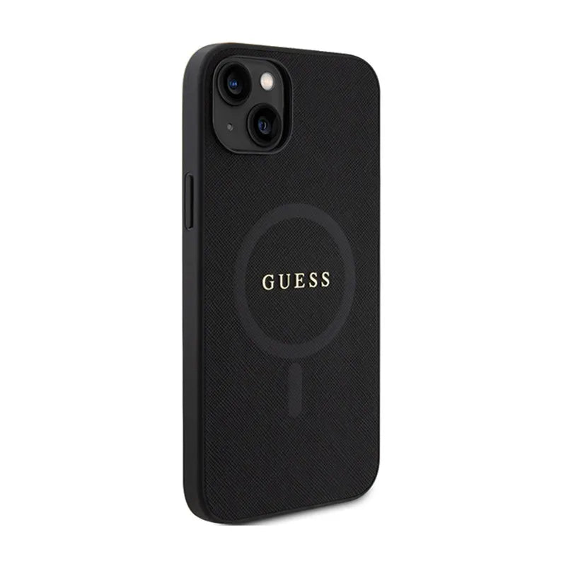 Guess Saffiano MagSafe - Dėklas iPhone 15 Plus (juodas)