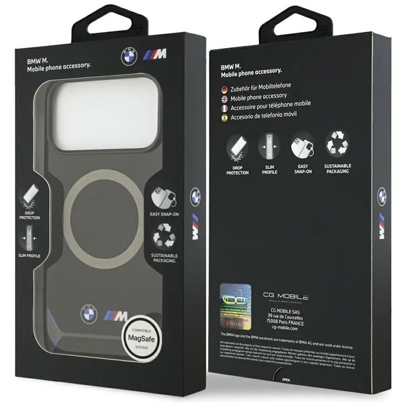 BMW M IML Metal Buttons & Logo MagSafe – dėklas iPhone 17 Pro Max (juoda-mėlyna)