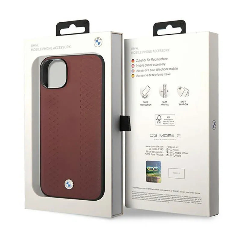 BMW Leather Diamond Pattern – Dėklas, skirtas iPhone 14 (Burgundian)