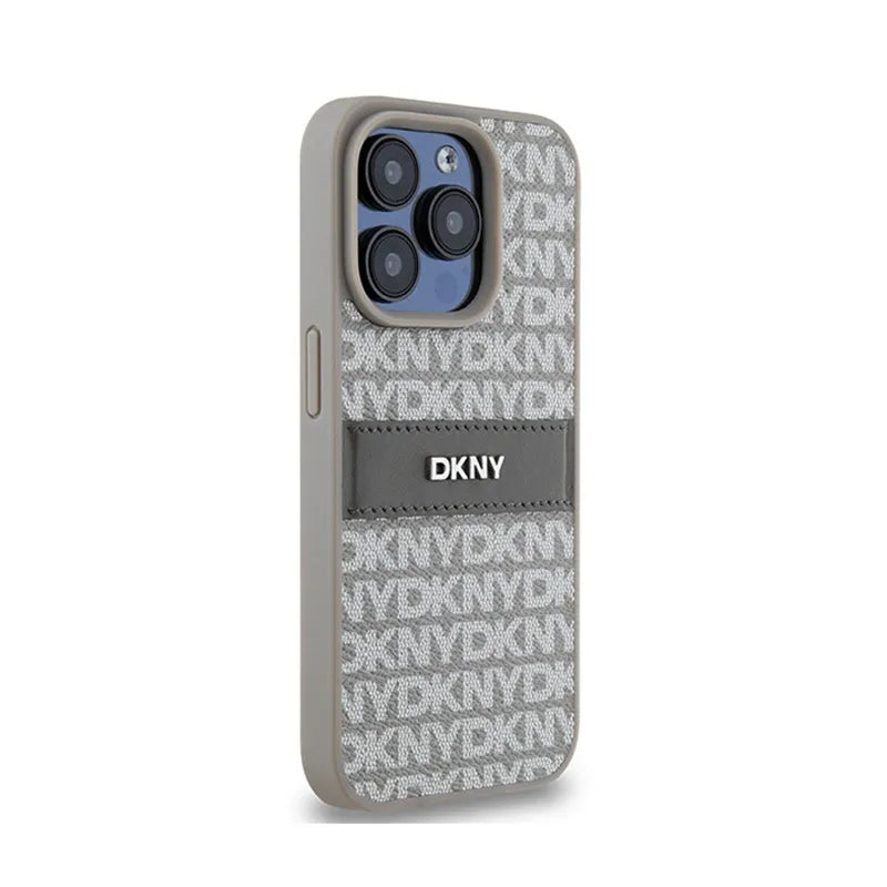 DKNY Leather Mono Stripe & Metal Logo – Dėklas, skirtas iPhone 15 Pro Max (smėlio spalvos)