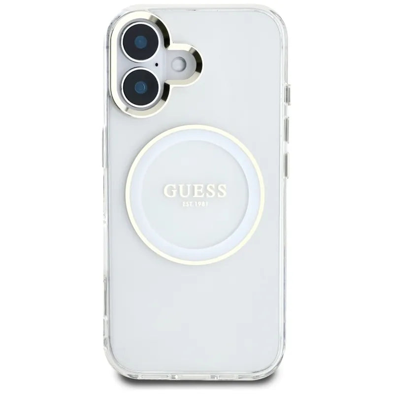 Guess IML Metal Colored Circle Classic Logo MagSafe – dėklas iPhone 16 (baltas)