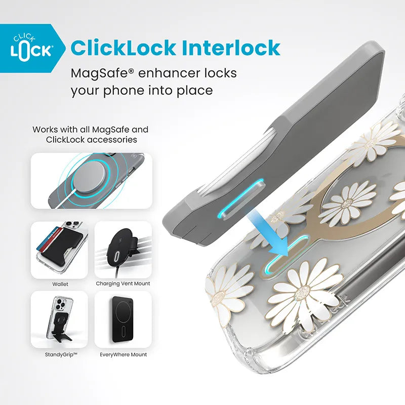 Speck Presidio Lux ClickLock & MagSafe - iPhone 16 Pro dėklas (Sunshine Daisies / Skaidrus / Auksinis)