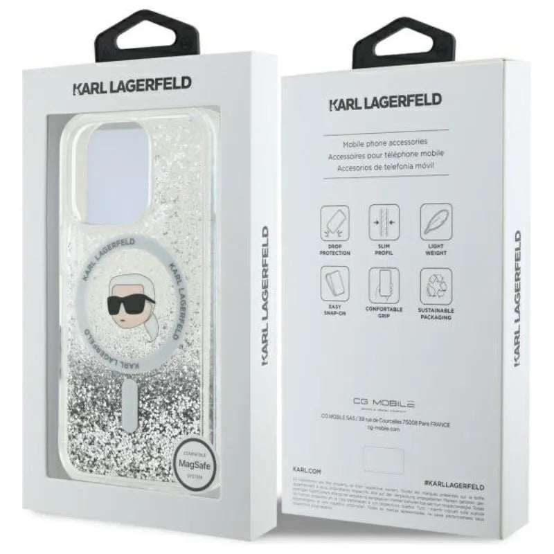 Karl Lagerfeld Liquid Glitter Karl Head MagSafe – dėklas „iPhone 16 Pro“ (skaidrus)
