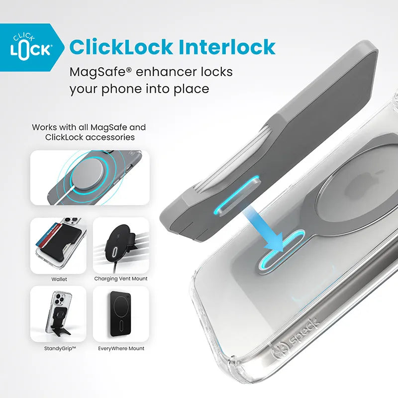 Speck Presidio Perfect-Clear ClickLock & MagSafe – dėklas iPhone 16 Pro Max (skaidrus / chromuotas užbaigimas / Serene Silver)