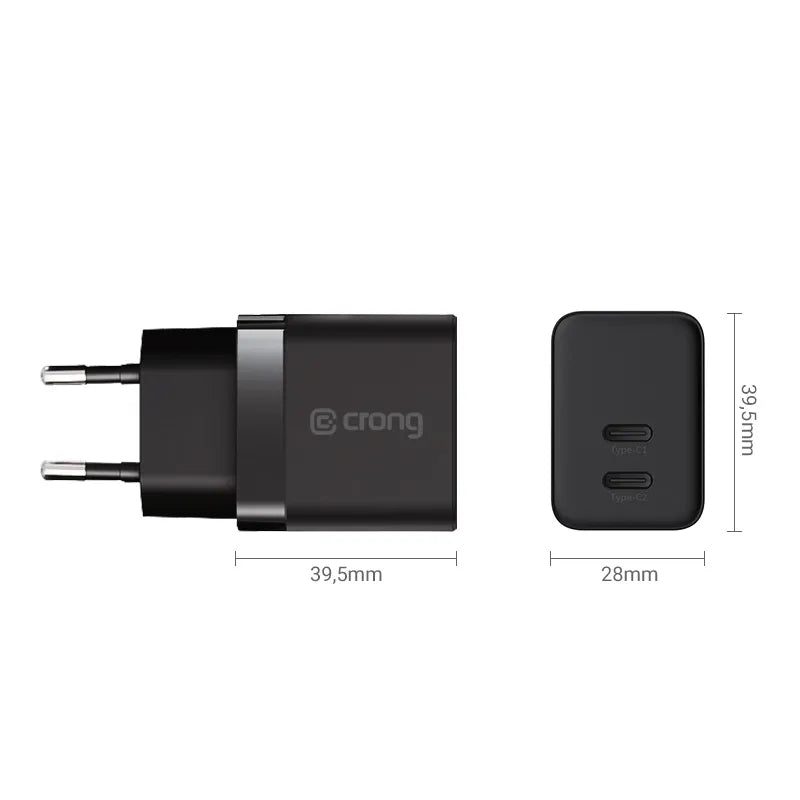 Crong Ultra Compact GaN – 2x USB-C 35W PD 3.0 sieninis įkroviklis su PPS (juodas)