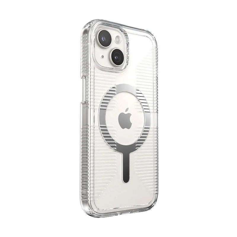 Speck Gemshell Grip + MagSafe – dėklas iPhone 17e / 16e / 15 / 14 / 13 (skaidrus / chromo apdaila)