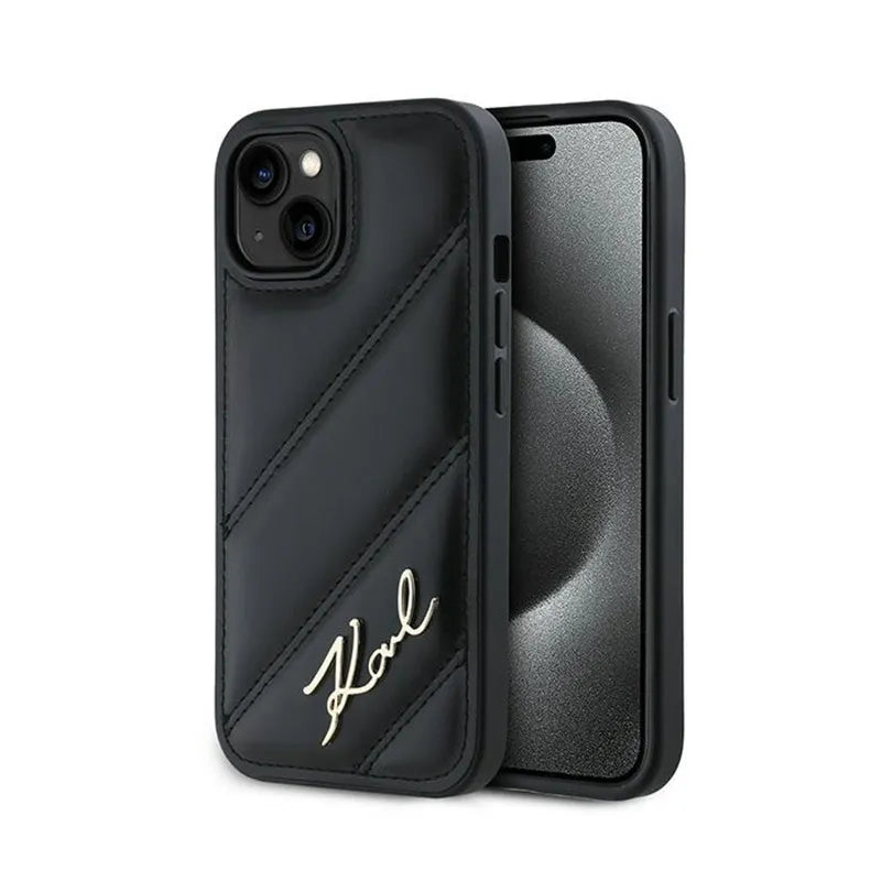 Karl Lagerfeld Diagonal Quilted Script - dėklas iPhone 15 / 14 / 13 (juodas)