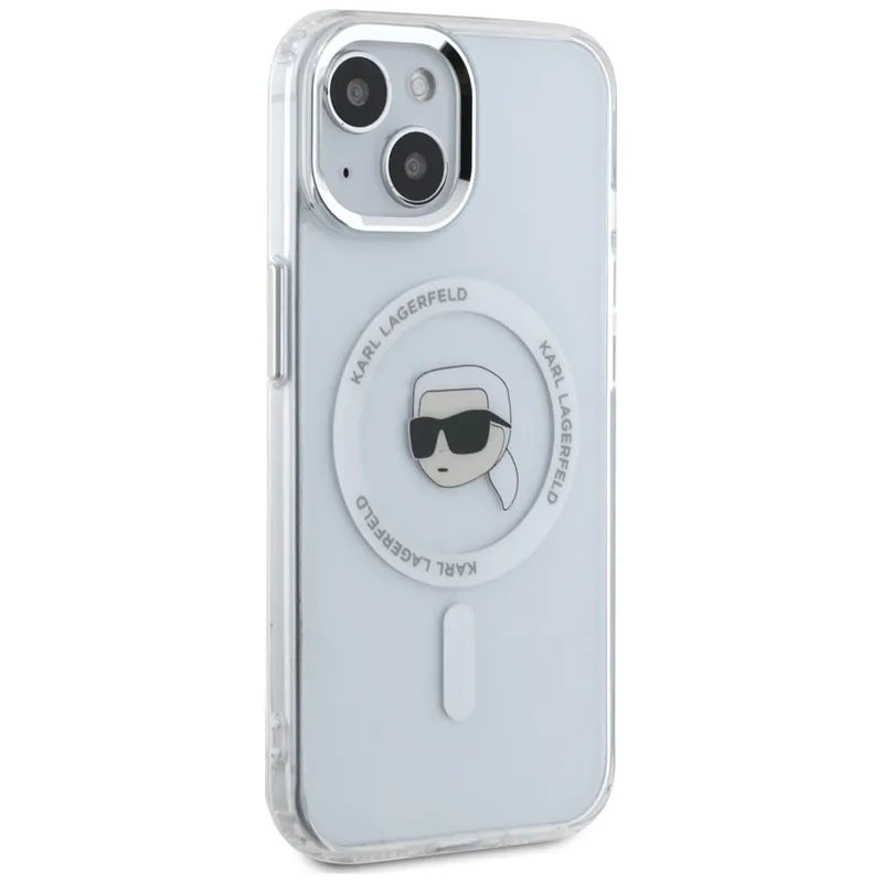 Karl Lagerfeld IML Metal Karl Head MagSafe – dėklas, skirtas iPhone 15 (baltas)