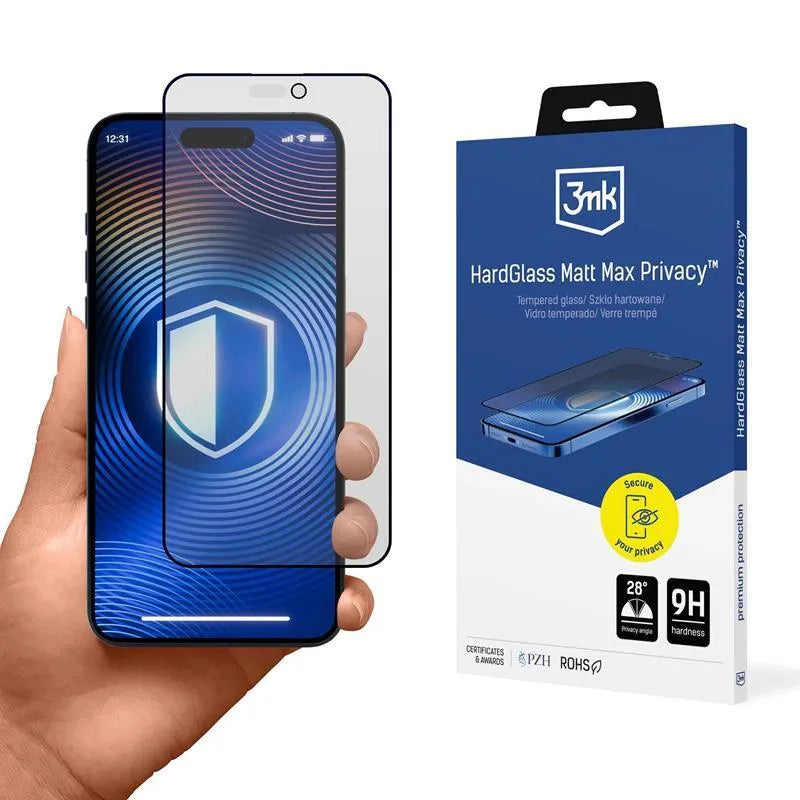 3mk HardGlass Matt Max Privacy – Matinis grūdintas stiklas su privatumo filtru, skirtas iPhone 16 / iPhone 15