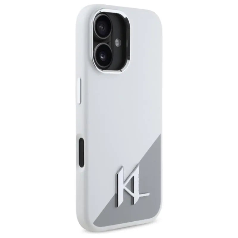 Karl Lagerfeld Silicone Shadow Metal Initial MagSafe – dėklas iPhone 16 (baltas)