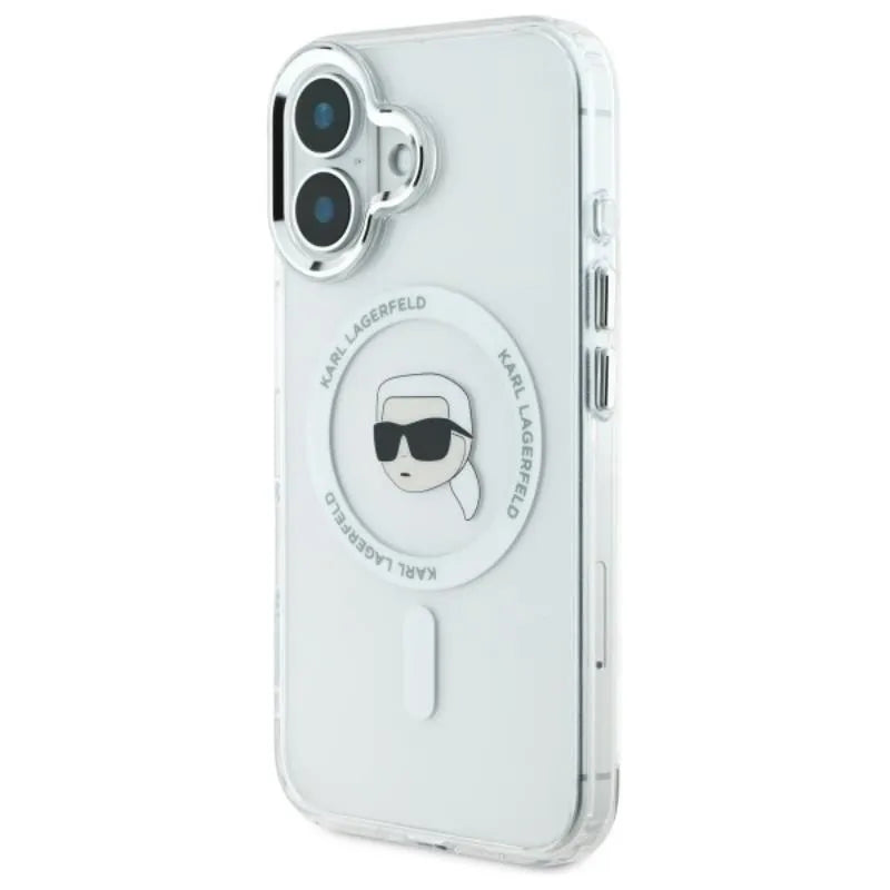 Karl Lagerfeld IML Metal Karl Head MagSafe - dėklas skirtas iPhone 16 Plus (baltas)
