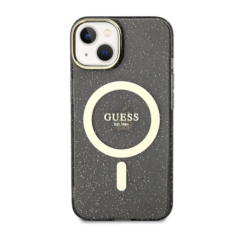 Guess Glitter Gold MagSafe – dėklas iPhone 14 Plus (juodas)