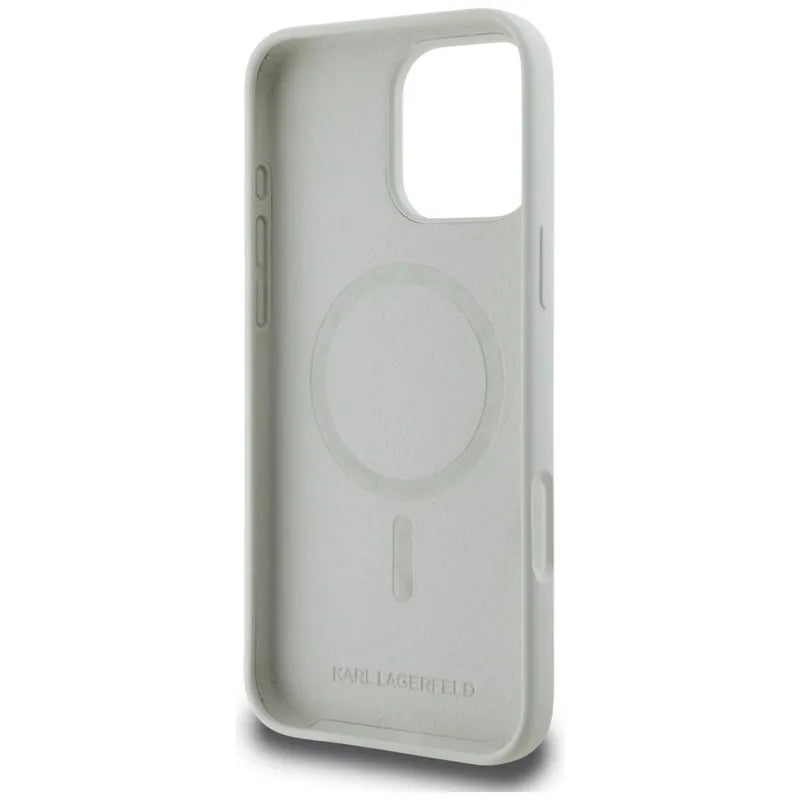 Karl Lagerfeld Silicone Double Heads And Circle MagSafe – dėklas iPhone 16 Pro (smėlio spalvos)