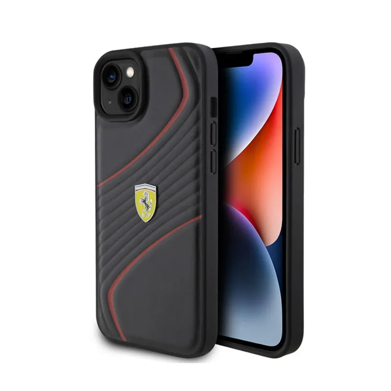Ferrari Twist Metal Logo – dėklas iPhone 15 Plus telefonui (juodas)
