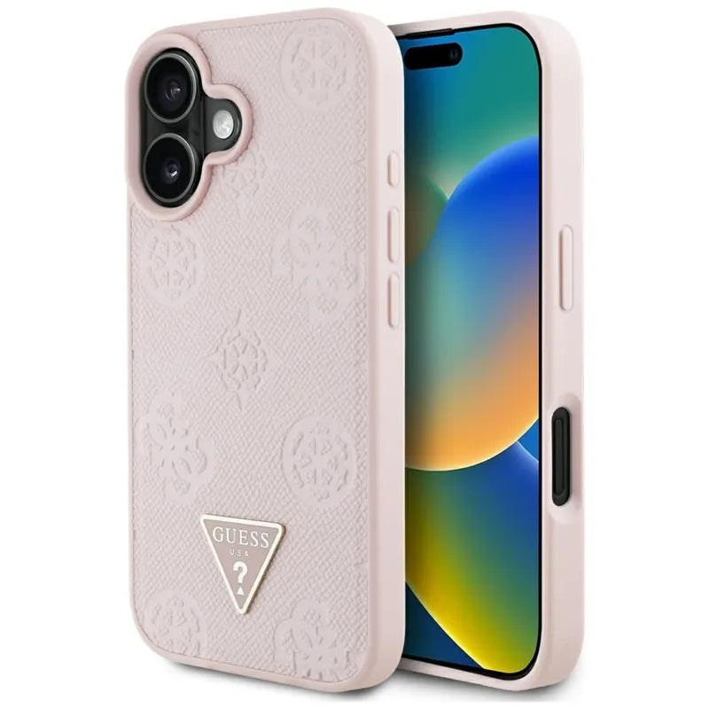 Guess Grained Hot Stamp Peony Triangle Logo MagSafe – dėklas iPhone 16 (rožinis)
