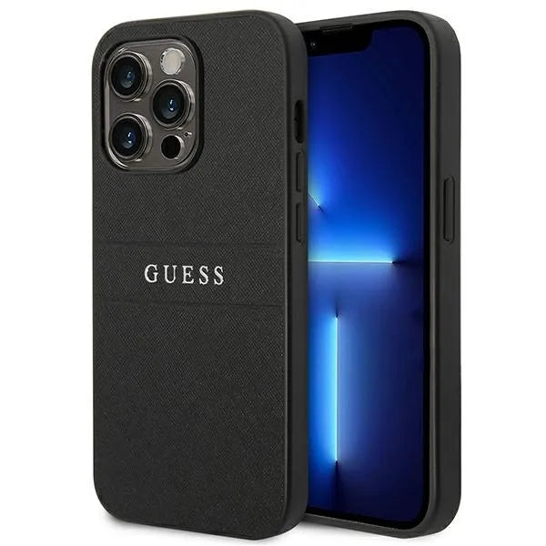 Guess Saffiano Metal Logo Stripes – dėklas iPhone 14 Pro (juodas)