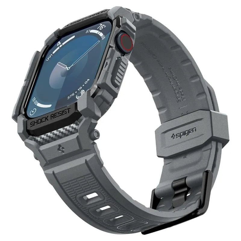 Spigen Rugged Armor Pro – apyrankė su dėklu, skirta „Apple Watch 10 46 mm“ (tamsiai pilka)
