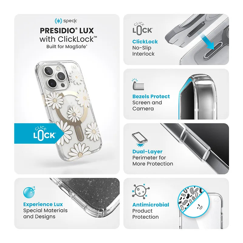 Speck Presidio Lux ClickLock & MagSafe - iPhone 16 Pro dėklas (Sunshine Daisies / Skaidrus / Auksinis)
