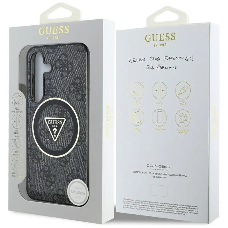 Guess 4G Glitter Triangle Buttons MagSafe – dėklas Samsung Galaxy S25 (juodas)