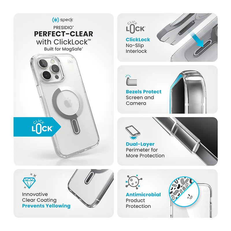 Speck Presidio Perfect-Clear ClickLock & MagSafe – dėklas iPhone 16 Pro Max (skaidrus / chromuotas užbaigimas / Serene Silver)