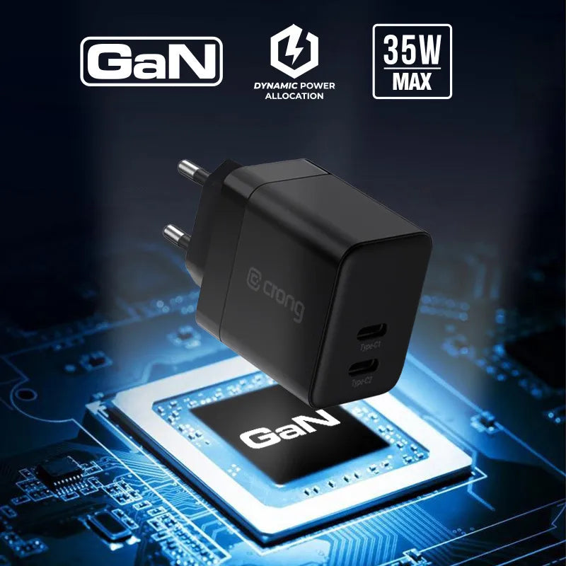 Crong Ultra Compact GaN – 2x USB-C 35W PD 3.0 sieninis įkroviklis su PPS (juodas)