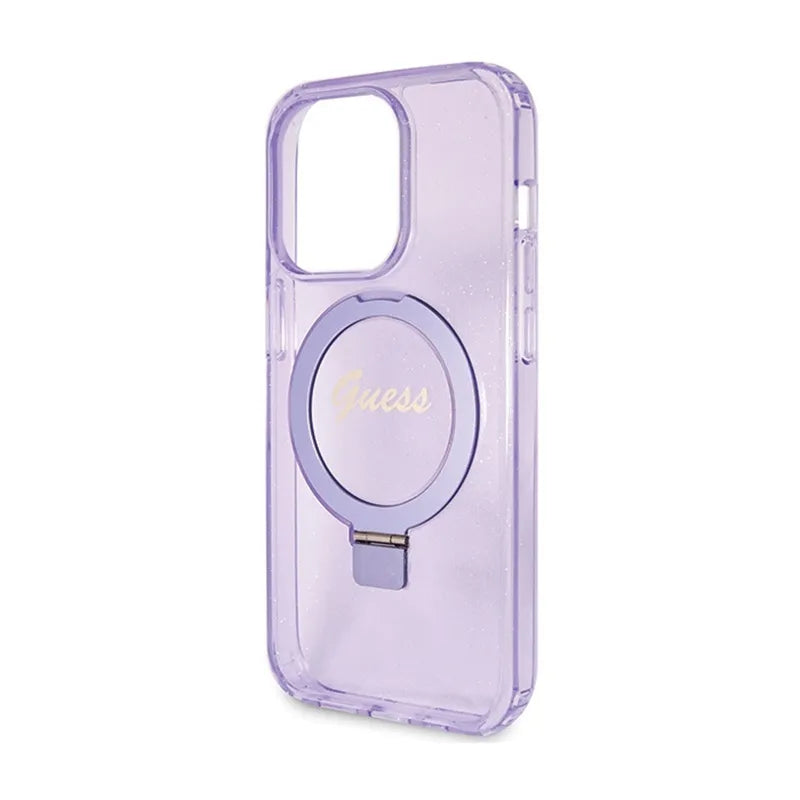 Dėklas Guess Ring Stand Script Glitter MagSafe – iPhone 15 Pro (violetinis)