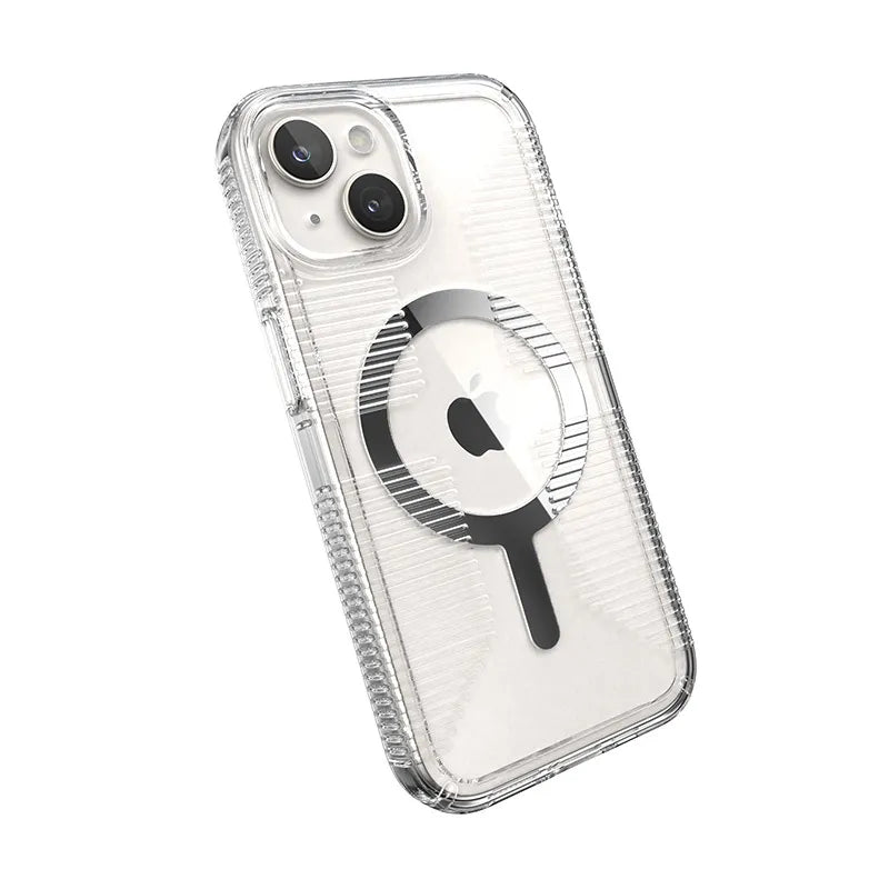 Speck Gemshell Grip + MagSafe – dėklas iPhone 17e / 16e / 15 / 14 / 13 (skaidrus / chromo apdaila)