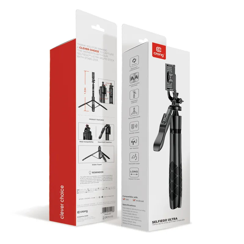 Crong SelfieGo Ultra – aliumininis Bluetooth asmenukių lazdos trikojis (juodas)