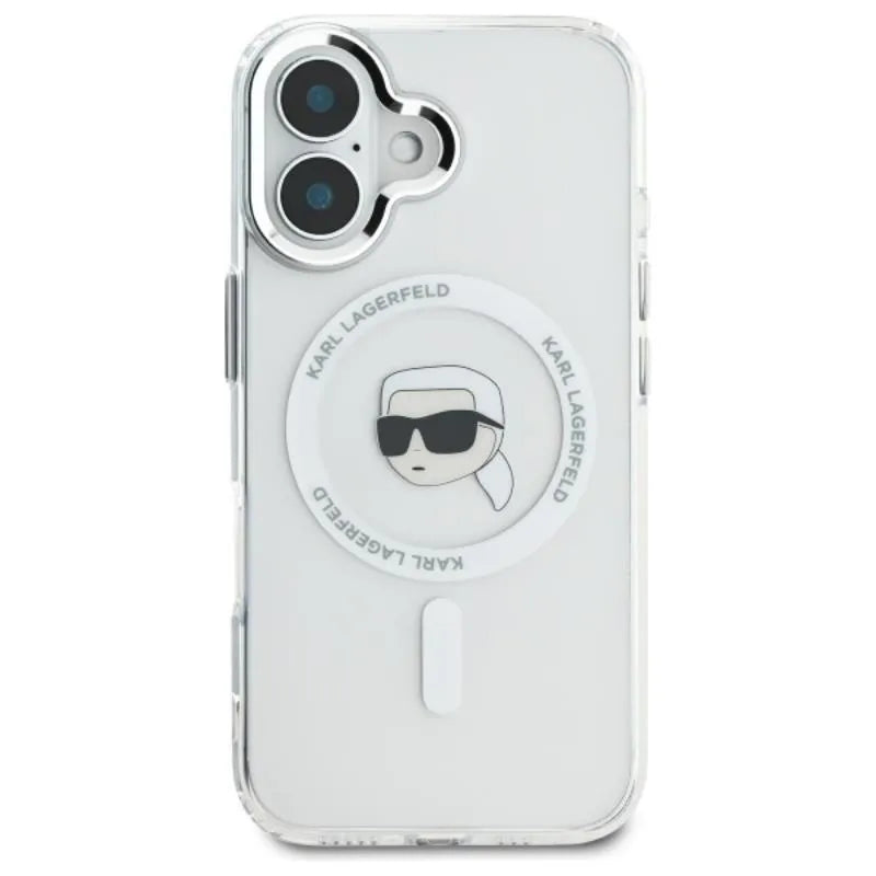 Karl Lagerfeld IML Metal Karl Head MagSafe - dėklas skirtas iPhone 16 Plus (baltas)