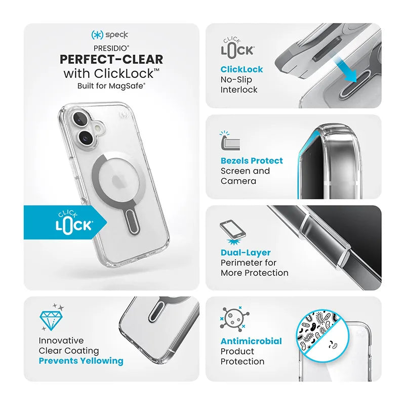 Speck Presidio Perfect-Clear ClickLock & MagSafe – dėklas iPhone 16 (skaidrus / chromo apdaila / Serene Silver)