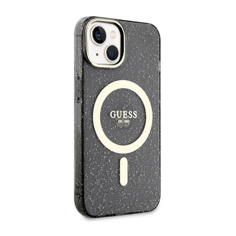 Guess Glitter Gold MagSafe – dėklas iPhone 14 Plus (juodas)