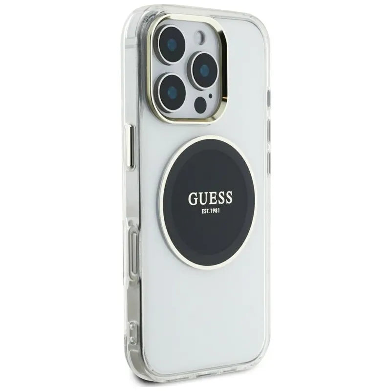 Guess IML Metal Colored Circle Classic Logo MagSafe – dėklas, skirtas iPhone 16 Pro Max (juodas)