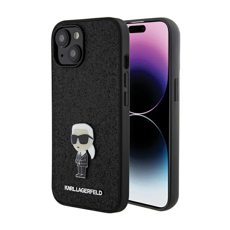 Karl Lagerfeld Fixed Glitter Ikonik Logo Metal Pin – iPhone 15 / 14 / 13 dėklas (juodas)