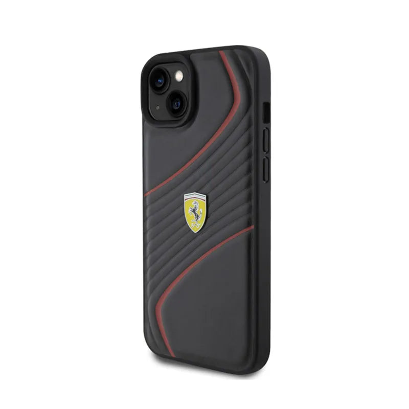 Ferrari Twist Metal Logo – dėklas iPhone 15 Plus telefonui (juodas)