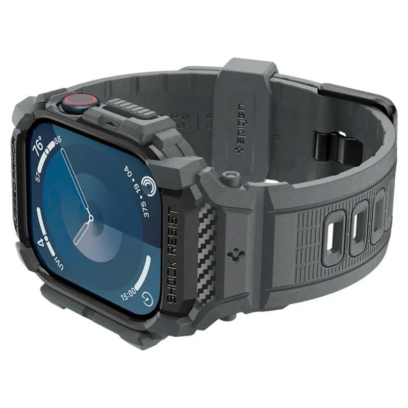 Spigen Rugged Armor Pro – apyrankė su dėklu, skirta „Apple Watch 10 46 mm“ (tamsiai pilka)
