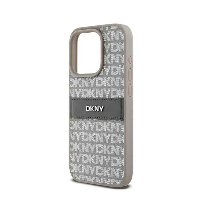 DKNY Leather Mono Stripe & Metal Logo – Dėklas, skirtas iPhone 15 Pro Max (smėlio spalvos)