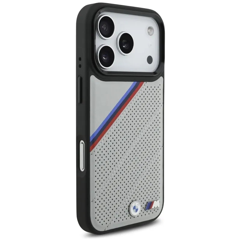 BMW M Tricolor Metal Logo MagSafe – iPhone 17 Pro dėklas (pilkas)