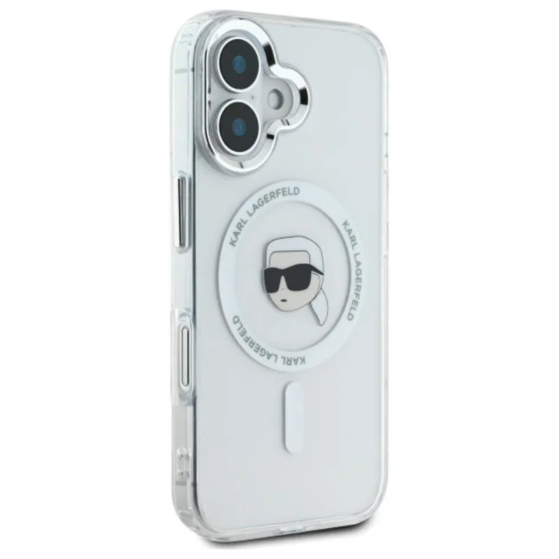 Karl Lagerfeld IML Metal Karl Head MagSafe - dėklas skirtas iPhone 16 Plus (baltas)