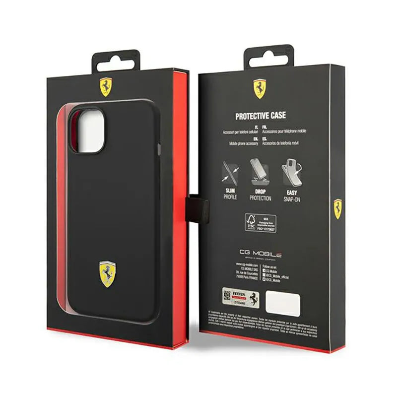 Ferrari Silicone Metal Logo – dėklas iPhone 14 (juodas)