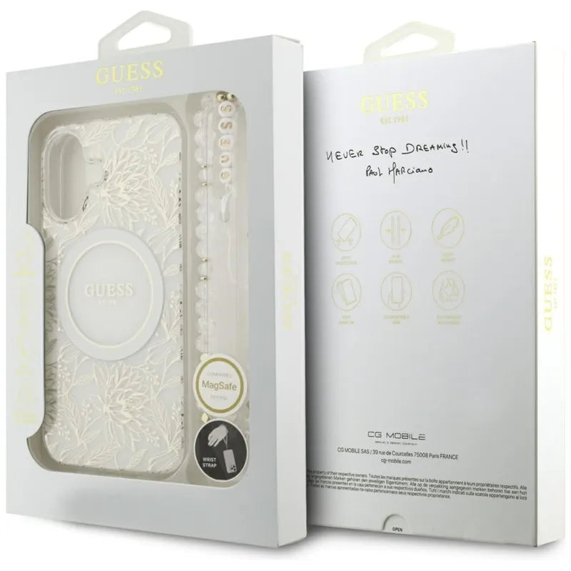 Guess IML Flowers Electro Pearl Strap MagSafe - Dėklas iPhone 17 (baltas)
