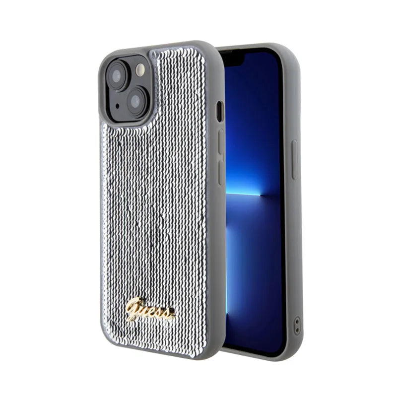 Guess Sequin Script Metal – dėklas iPhone 15 (sidabrinis)