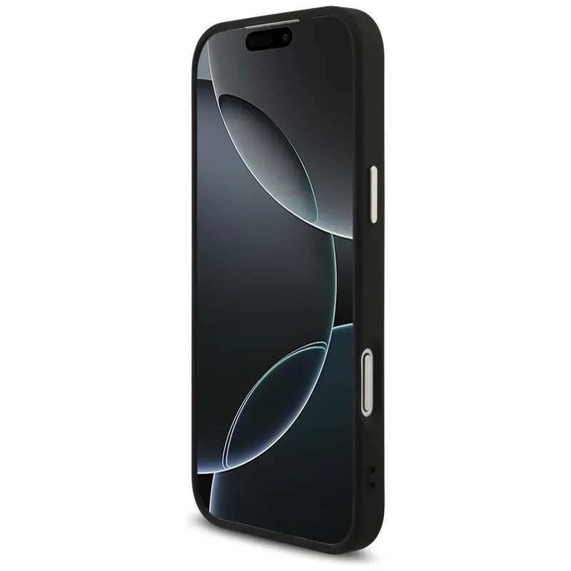 „Guess Fixed Glitter Big 4G Metal Frame“ – dėklas „iPhone 17 Pro Max“ (juodas)