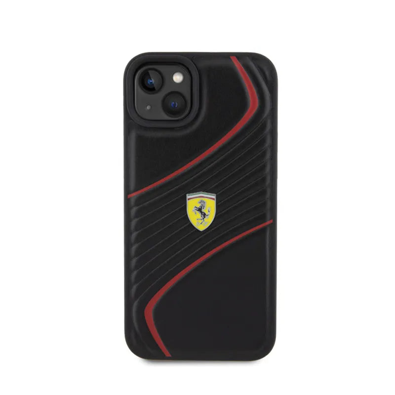Ferrari Twist Metal Logo – dėklas iPhone 15 Plus telefonui (juodas)