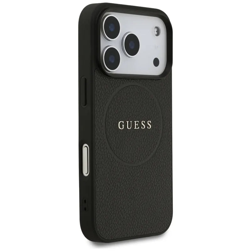 Guess Grained Ring MagSafe – Dėklas iPhone 17 Pro (juodas)