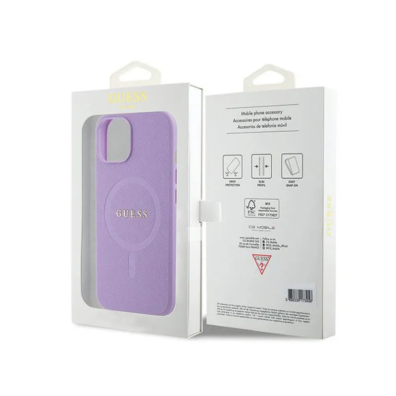 Guess Saffiano MagSafe - Dėklas iPhone 15 telefonui (violetinis)