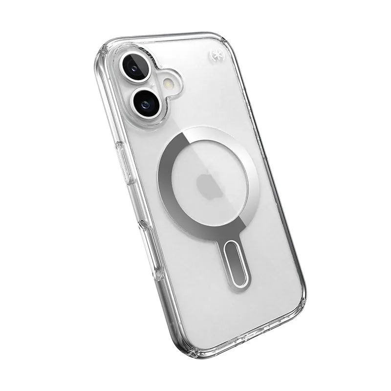 Speck Presidio Perfect-Clear ClickLock & MagSafe – dėklas iPhone 16 (skaidrus / chromo apdaila / Serene Silver)