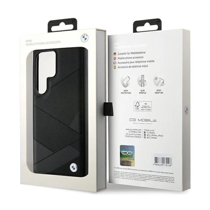 BMW Signature Leather Crossing Lines Pattern – dėklas Samsung Galaxy S24 Ultra (juodas)