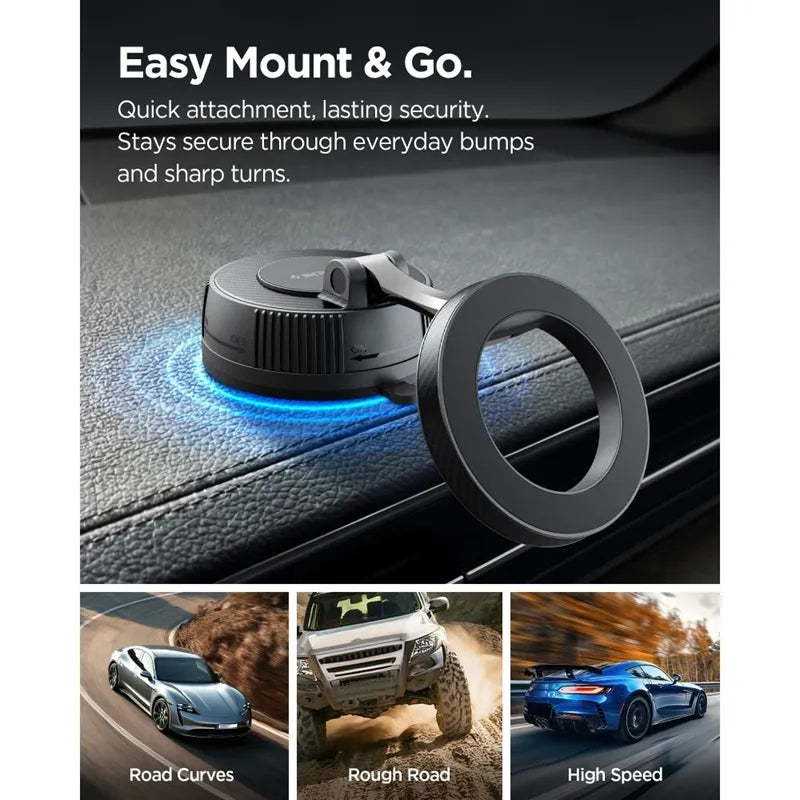 Spigen MFT36 – „MagSafe“ magnetinis automobilinis laikiklis, tvirtinamas prie prietaisų skydelio arba priekinio stiklo (juodas)