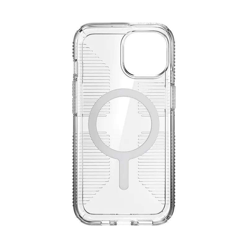 Speck Gemshell Grip + MagSafe – dėklas iPhone 17e / 16e / 15 / 14 / 13 (skaidrus / chromo apdaila)
